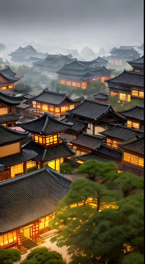 arafed view of a village with a lot of lights on the buildings, dreamy chinese town, chinese village, amazing wallpaper, japanese town, japanese village, hyper realistic photo of a town, old asian village, japanese city, by Raymond Han, rainy evening, cybe...