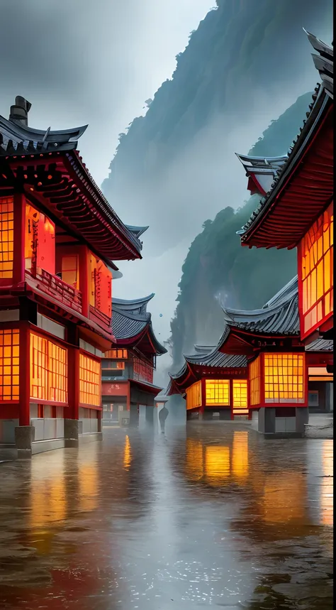 arafed view of a village with a lot of lights on the buildings, dreamy chinese town, chinese village, amazing wallpaper, japanese town, japanese village, hyper realistic photo of a town, old asian village, japanese city, by Raymond Han, rainy evening, cybe...