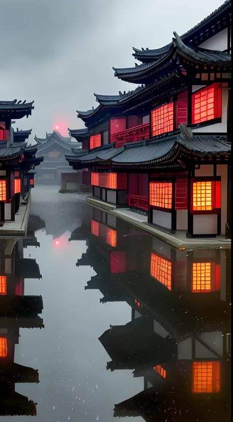 arafed view of a village with a lot of lights on the buildings, dreamy chinese town, chinese village, amazing wallpaper, japanese town, japanese village, hyper realistic photo of a town, old asian village, japanese city, by Raymond Han, rainy evening, cybe...