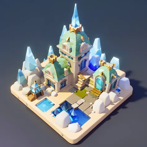 Game architectural design, Cartoony,Crystal House，The crystal matches the architecture，casual game style, 。.。.。.。.3D, blender，closeup cleavage，tmasterpiece，super detailing，best qualtiy