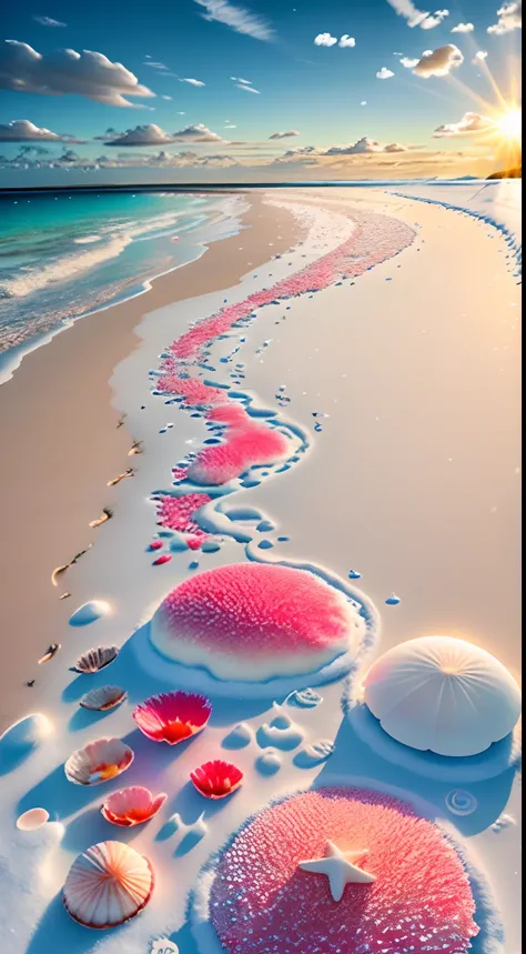 delicate scene,depth of field, 8K, The ivory sky,white clouds,and sunlight shine on the snow-white beach. The coral sea,and many colorful tinny shells on the beach,red roses, roses focus,