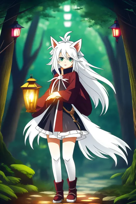 The white-haired fox demon loli carries a lantern in the forest