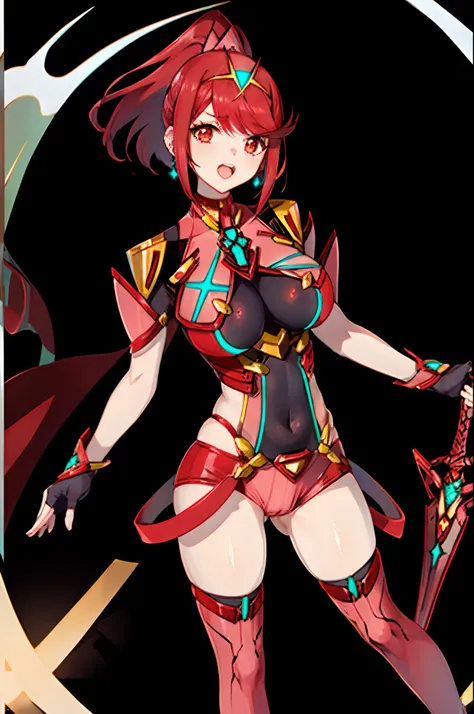 pyra (xenoblade), teen_1girl, loli, armor, bangs, black gloves, breasts, red eyes, closed mouth, earrings, eyelashes, fingerless gloves, floating hair, framed breasts, gem, gloves, hair ornament, headpiece, jewelry, big_breasts, leaning back, leotard, neon...