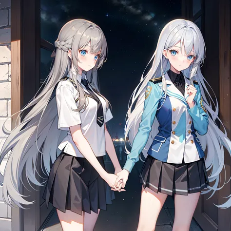 Two girls with long hair，A gray hair，Another brunette，hair flowing, One looks at the other affectionately，starrysky，Campus uniforms，take hand，hugs，is shy，Starskrim