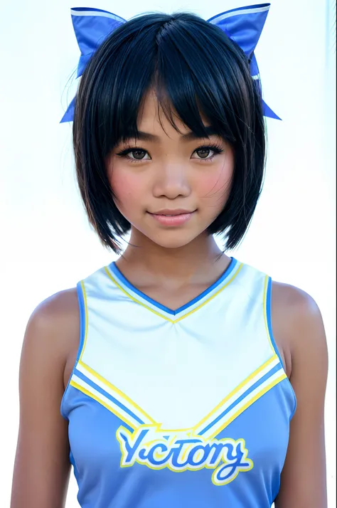 Lifestyle photography photo of a filipina teen in a (cheerleader uniform), ((hair bow)), (dark skin), bob haircut, smile,looking at viewer, upper body framing, no background, under (natural lighting:1.3), shot at eye level, on a Sony A7111, with a (soft fo...