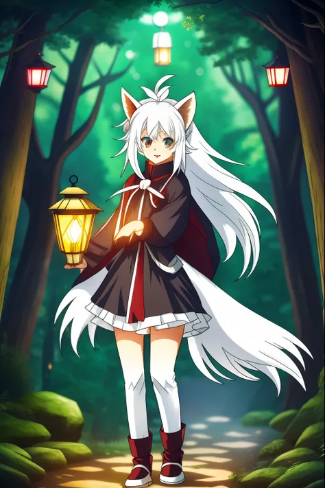 The white-haired fox demon loli carries a lantern in the forest