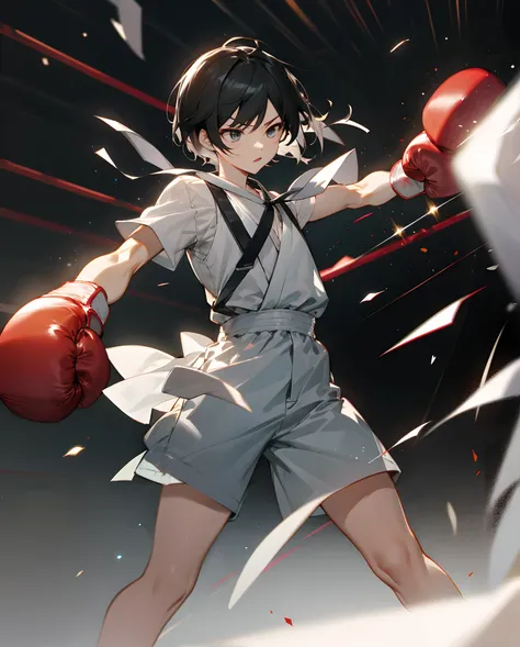 femele、short detailed hair、boxing gloves、Fighting posture