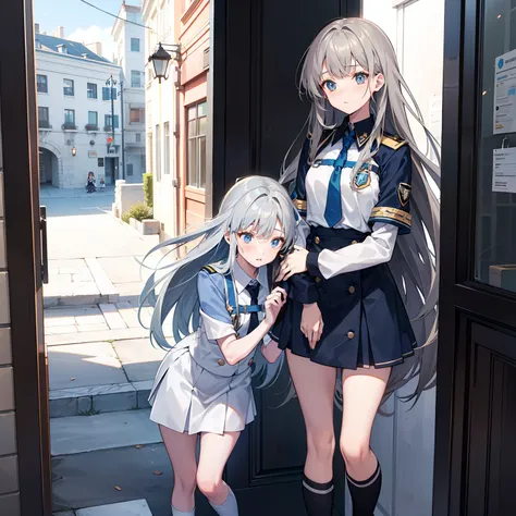 Two girls with long hair，A gray hair，Another brunette，hair flowing, One looks at the other affectionately，starrysky，Campus uniforms，take hand，hugs，is shy，Starskrim