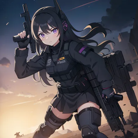 1girl, tactical black helmet, tactical black railed headset, purple eyes, focused, grunt, black long messy hair, black camo unif...