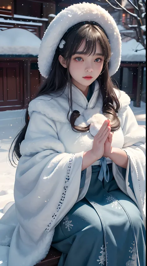 ((Works of masters))，(超高分辨率)，1 girl,Glowing eyes，Tears of sadness， Sitting, (Lolita costume)，Cloak (Heavy snow, Cover with snow，Outdoor activities in winter:1.2),snowfield，Blue eyes，Illustrations of the highest quality，A meticulous face