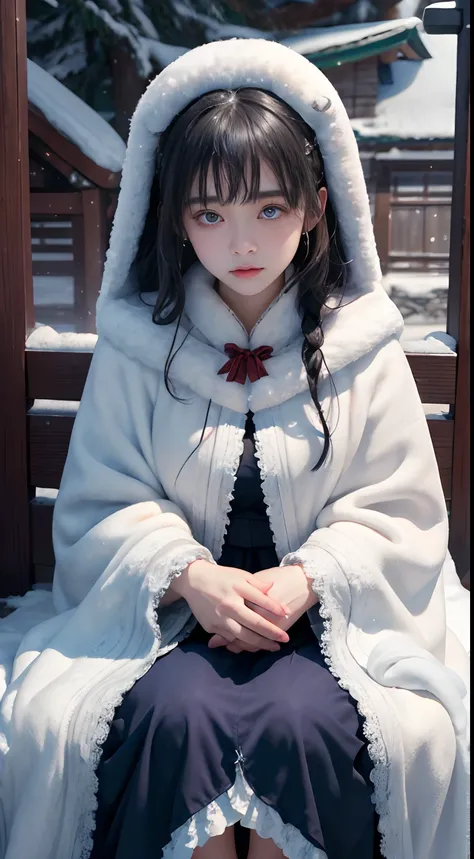 ((Works of masters))，(超高分辨率)，1 girl,Glowing eyes，Tears of sadness， Sitting, (Lolita costume)，Cloak (Heavy snow, Cover with snow，Outdoor activities in winter:1.2),snowfield，Blue eyes，Illustrations of the highest quality，A meticulous face