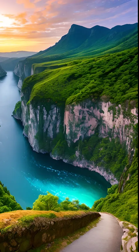 Masterpiece, ultimate quality, Cg unity 8k wallpaper, super delicate, beautiful sky and clouds, rich natural scenery, cliffs, lakes and rivers, waterfalls and flying water, beautiful green mountains, no trace of people, excellent scenery, has already won a...