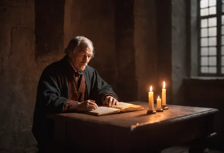 a night scene with Seneca sitting at the table, lit by a single candle. He is immersed in his writings, with a concentrated expression, enquanto o rei se aproxima, eager for guidance. The dancing shadows of the flames cast mysterious patterns on the walls,...