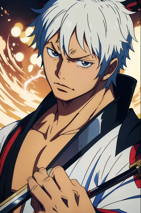 Cartoon image of a man with a sword and a robe, Gintama no Sakata Gintoki, okabe rintarou, shikanosuke yagaki, masamune shiro, full-body close-up shot, Official art, Kazuto Okada。, Ichigo Kurosaki, Hideaki Anime Year