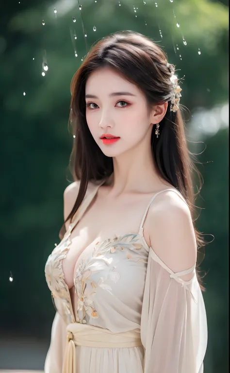 ((Best Quality, 8k, Masterpiece: 1.3)), Focus: 1.2, Perfect Body Beauty: 1.4, Buttocks: 1.2, ((Layered Haircut)), (Wet Clothes: 1.1), (Rain, Street:1.3), (Breasts: 1.2), (Hanfu: 1.2), Bare Shoulders, Bare Legs, Highly Detailed Face and Skin Texture, Fine E...