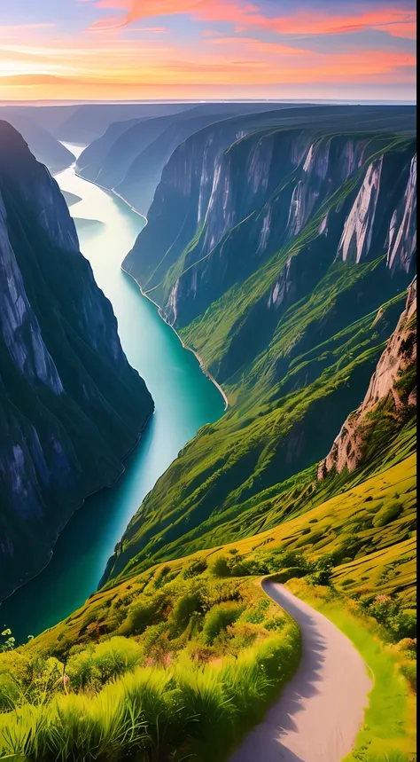 Masterpiece, ultimate quality, Cg unity 8k wallpaper, super delicate, beautiful sky and clouds, rich natural scenery, cliffs, lakes and rivers, waterfalls and flying water, beautiful green mountains, no trace of people, excellent scenery, has already won a...