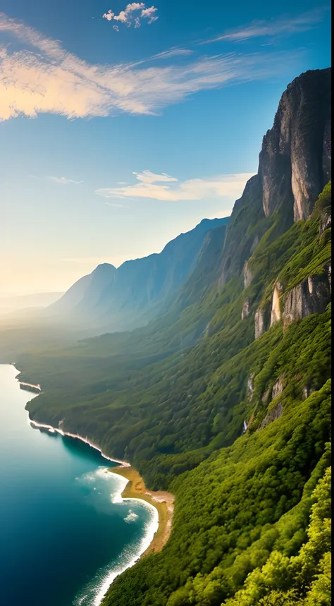 Masterpiece, ultimate quality, Cg unity 8k wallpaper, super delicate, beautiful sky and clouds, rich natural scenery, cliffs, lakes and rivers, waterfalls and flying water, beautiful green mountains, no trace of people, excellent scenery, has already won a...