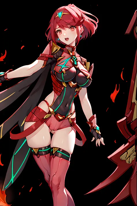 pyra (xenoblade), teen_1girl, loli, armor, bangs, black gloves, breasts, red eyes, closed mouth, earrings, eyelashes, fingerless gloves, floating hair, framed breasts, gem, gloves, hair ornament, headpiece, jewelry, big_breasts, leaning back, leotard, neon...