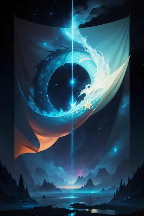 The stars are all over the sky，A gorgeous cyan banner printed with a dragon pattern，Desolation and endless wilderness，The galaxy is brilliant，The sun and moon shine together，Smoke rises，The flag is fluttering，The vast river of stars is set against the back...