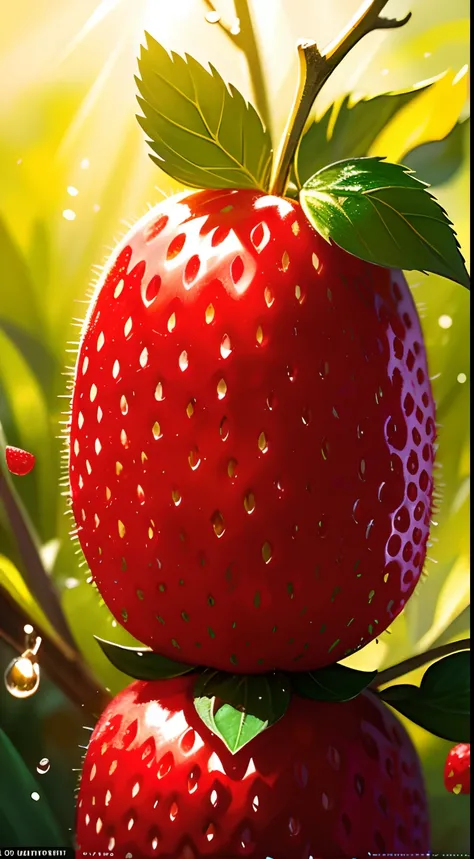 ((masterpiece:1.3,concept art,best quality)),very cute appealing anthropomorphic strawberry,looking at the viewer,big grin,happy,fruit,berry,droplets,macro,sunlight,fantasy art,dynamic composition,dramatic lighting,epic realistic,award winning illustration...