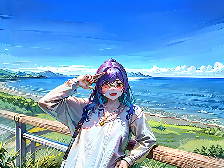 Woman standing on a wooden railing overlooking a body of water, vacation photo, the ocean in the background, Zhang Wanting, the ocean in the background, standing at the beach, Lake in the background, with sunglass, jeremy cheung, xintong chen, wenfei ye, S...