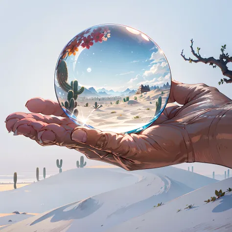 "a crystal sphere holding by a hand,(((Inside a crystal sphere))),(ultra wide angle), inside the sphere,a girl mesmerized by the awe-inspiring expanse of a desert night, gazing at the starry sky and moonlit sand dunes, with a hint of aurora in the distance...