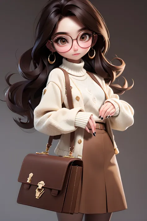 Masterpiece, Best quality, 8K, offcial art, Cinematic light, 超高分辨率, 1girll, Sexy, mature, Solo, jewelry, Earrings, Glasses, Skirt, Long hair, bag, view the viewer, hoop earings, Sweater, White sweater, Brown hair, Brown eyes, brown background, Jacket, Brow...