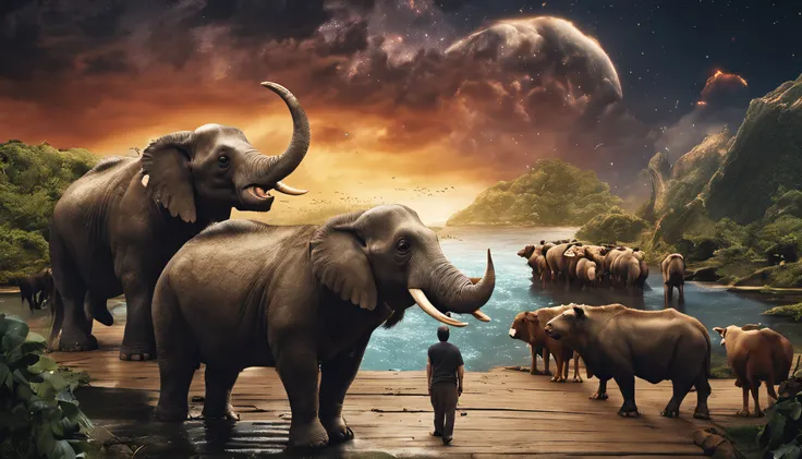 Noah next to the ark, Dark sky and many animals around the ark, ultrarealista