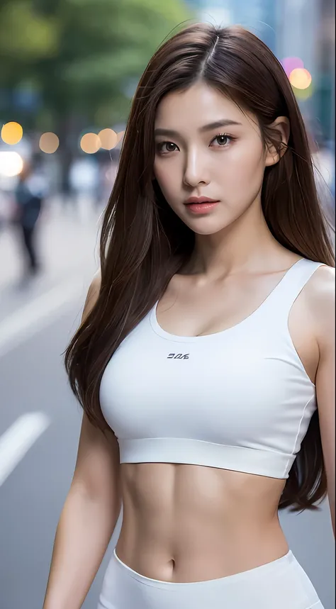 ((Realistic lighting, Best quality, 8K, Masterpiece: 1.3)), Clear focus: 1.2, 1girl, Perfect Figure: 1.4, Slim Abs: 1.1, ((Dark brown hair)), (White crop top: 1.4), (Outdoor, Night: 1.1), City streets, Super fine face, Fine eyes, Double eyelids,