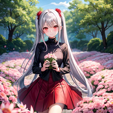 red blush、Silvery hair、poneyTail、red eyes、Beautiful girl alone、animesque、独奏、turtle neck、skirt by the、flower  field、