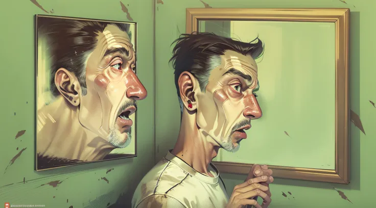 There is a man holding a mirror and a mirror with a face in it, receoso, Olhando no espelho, who is looking up at it in fear, Olhar no espelho, Olhar no espelho, com um espelho, Olhar no espelho, funny strange illustration, Irritado com o espelho, menacing...