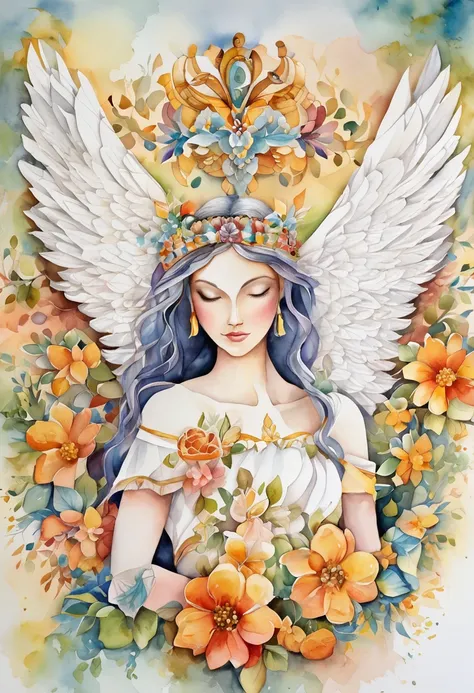 (FULL BODYSHOT:1.4),  White background, (1 Angel Girl,Glowing wings, Halo, Exquisite headdress, Smile), (paper art, Quilted Paper Art, Geometry), highly colorful