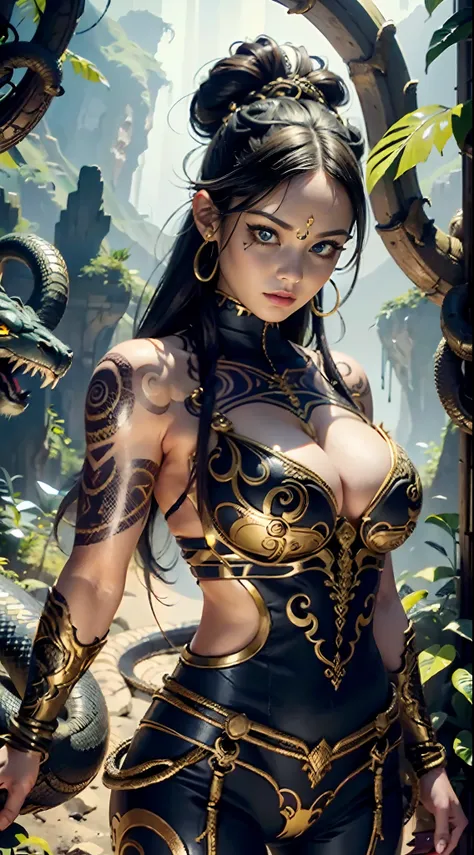 (masterpiece), top quality, expressive eyes, perfect face, smooth skin, tribal tattoo, snake girl, full snake hair, punk style, super plump boobs, tight overalls, tight gold and red gradation armour, 8k_wallpaper, eye detail, body detail  , finger detail, ...