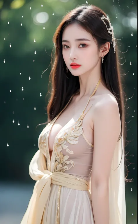 ((Best Quality, 8k, Masterpiece: 1.3)), Focus: 1.2, Perfect Body Beauty: 1.4, Buttocks: 1.2, ((Layered Haircut)), (Wet Clothes: 1.1), (Rain, Street:1.3), (Breasts: 1.2), (Hanfu: 1.2), Bare Shoulders, Bare Legs, Highly Detailed Face and Skin Texture, Fine E...