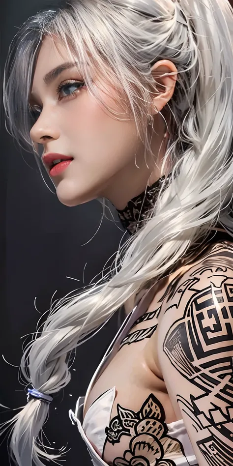 Photorealistic, High resolution, Soft light,1womanl, Solo, hips up high, glistning skin, (Detailed face),The tattoo, Jewelry, Chainmail, Night, White hair, Wavy Hair, Beautiful Soldier, An eye that invites the viewer, Lovers perspective, inviting expressio...