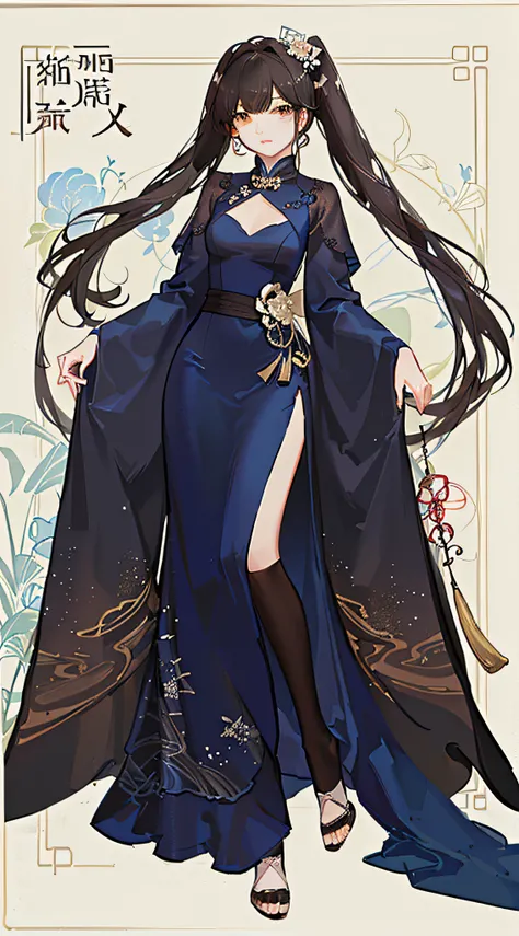 girl,full body,(detailed face:1.2), masterpiece, fashion,chinese dress,, medium hair, black hair, twintails, blunt bangs, brown eyes,