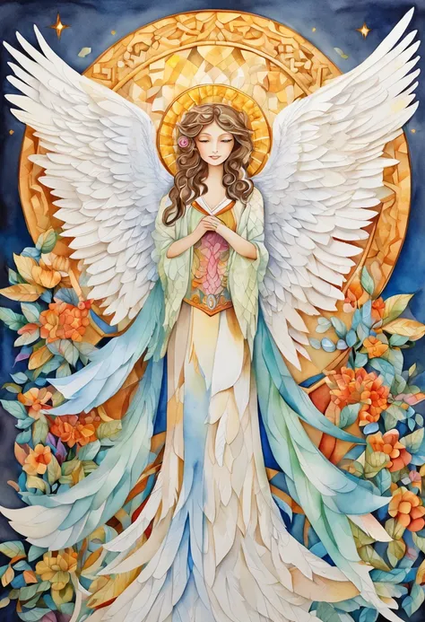 (FULL BODYSHOT:1.4),  White background, (1 Angel Girl,Glowing wings, Halo, Exquisite headdress, Smile), (paper art, Quilted Paper Art, Geometry), highly colorful