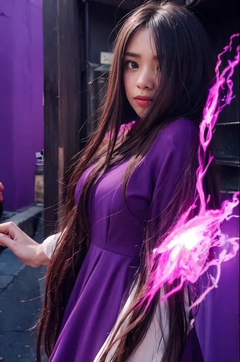 Kizi，the witch，magic clothes，Purple Flame Magic，Magma background，Flame whirlpool