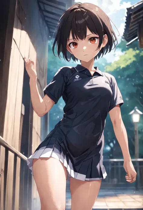 1girll, 独奏, Black polo shirt, Barefoot, Tennis Wear, white mini-skirt, tmasterpiece, best qualtiy, realisticlying, ultra - detailed, (shiny skins, perspired:1.4), absurderes, looking at viewert, With short black hair, with brown eye,slenderness,dynamic lig...