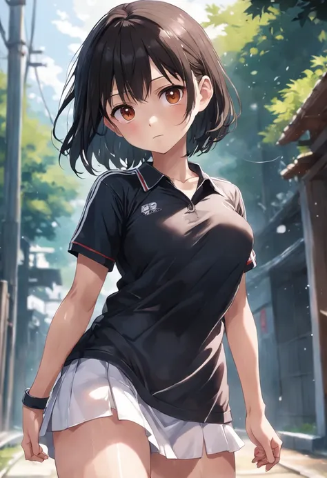 1girll, 独奏, Black polo shirt, Barefoot, Tennis Wear, white mini-skirt, tmasterpiece, best qualtiy, realisticlying, ultra - detailed, (shiny skins, perspired:1.4), absurderes, looking at viewert, With short black hair, with brown eye,slenderness,dynamic lig...