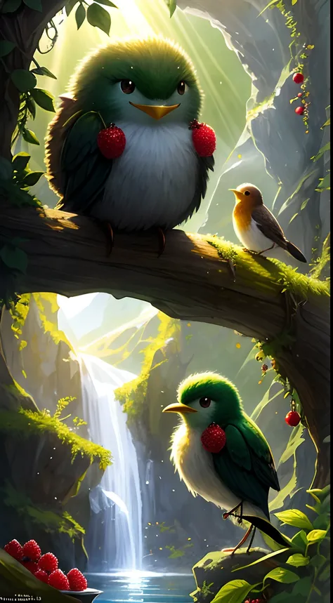 （（tmasterpiece：1.3，concept-art，best qualtiy）），Very cute and attractive anthropomorphic kiwi，looking at viewert，Hefty Smile，cheerfulness，the fruits，berries，water dripping，Macro，rays of sunshine，Fantasyart，dynamic compositions，dramatic  lighting，Epic reality...