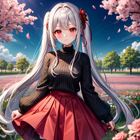 red blush、Silvery hair、poneyTail、red eyes、Beautiful girl alone、animesque、独奏、Sweaters、skirt by the、flower  field、