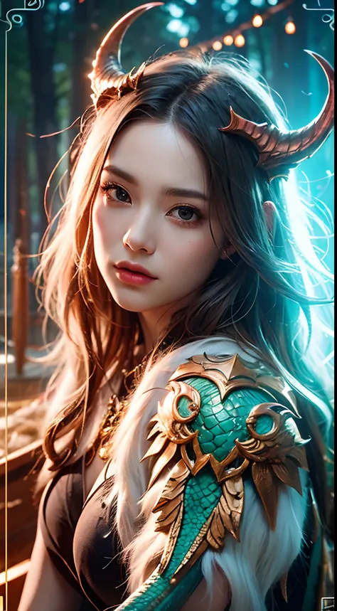 A beautiful girl with a rainbow dragon, Kizi，long whitr hair, As graceful as a swan, wisdom, mod, Rainbow dragon，scutes, banya, 火焰,  dragon claw,The dragon protects the girl，The background is an ancient forest, Mysterious connection, Aegis, trust，Realistic...