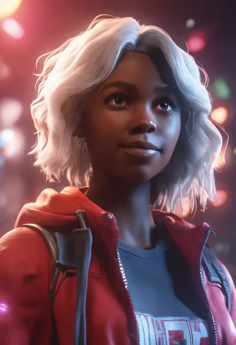 Female, age 16, 3D Pixar style character, bulk body, front image, dark skin color, white hair color, clothing, white T-shirt with red jacket, looking at viewer, solo, upper body, ((masterpiece)), (best quality), (extremely detailed), depth of field, sketch...