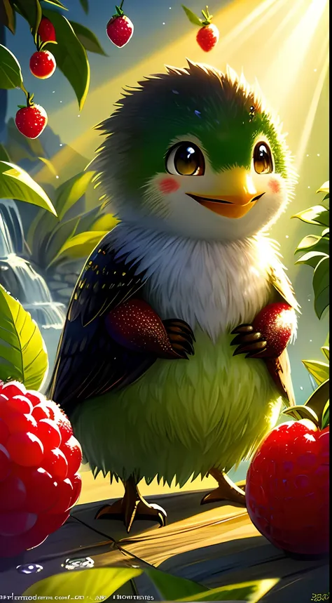 （（tmasterpiece：1.3，concept-art，best qualtiy）），Very cute and attractive anthropomorphic kiwi，looking at viewert，Hefty Smile，cheerfulness，the fruits，berries，water dripping，Macro，rays of sunshine，Fantasyart，dynamic compositions，dramatic  lighting，Epic reality...