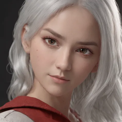 Female, age 16, 3D Pixar style character, bulk body, front image, dark skin color, white hair color, clothing, white T-shirt with red jacket, looking at viewer, solo, upper body, ((masterpiece)), (best quality), (extremely detailed), depth of field, sketch...