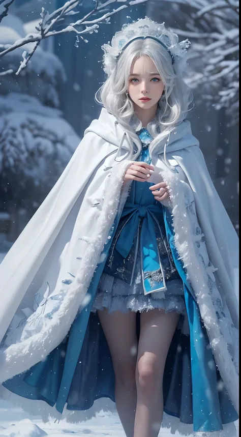 Photorealistic, high resolution, 1 Women, Solo, (Lolita costume)，Gorgeous costumes，Face the audience，The upper part of the body，upper legs， beautidful eyes, White hair, ringed eyes, (outside，Heavy snowfall，Cloak，Cover with snow)，snowfield，Blue eyes，Illustr...