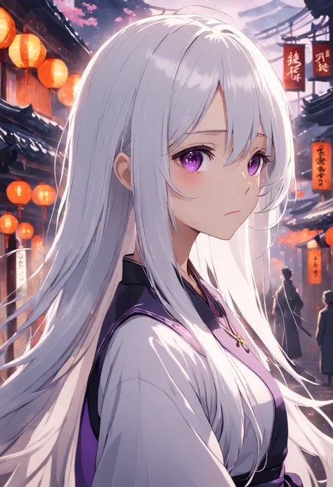 Long white hair, Purple eyes, Black plain clothes, Girl, Two-dimensional, Cartoon, Elegant and dignified, Straight hair, Upper body, Chinese girl, Rainy day background