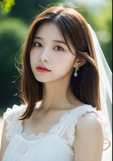 ((top quality, 8k, masterpiece: 1.3)), women (full body portrait, wearing white lace and ruffled wedding dress, hanging a lace-trimmed veil on their heads, holding a small bouquet, back figure, looking back, small ass), outdoors, outside the chapel, backgr...