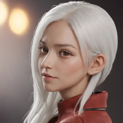 Female, age 16, 3D Pixar style character, bulk body, front image, dark skin color, white hair color, clothing, white T-shirt with red jacket, looking at viewer, solo, upper body, ((masterpiece)), (best quality), (extremely detailed), depth of field, sketch...